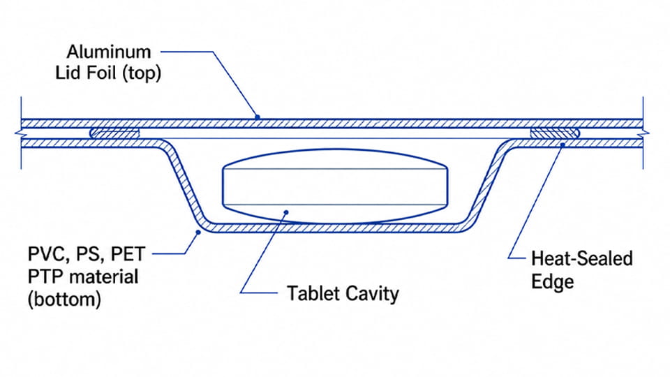 Cross-section of a pharmaceutical blister pack showing the tablet cavity, aluminum lid foil, PVC, PS or PET forming material, and heat-sealed edges.