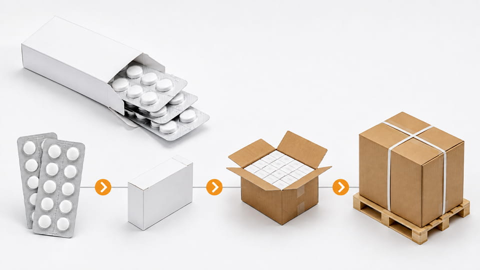 Pharmaceutical blister packs being packed into cartons, shipping cases, and palletized boxes for transportation.