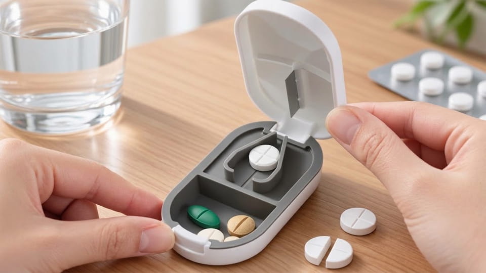 A scored white tablet positioned in a pill cutter with a blade, illustrating tablet splitting.