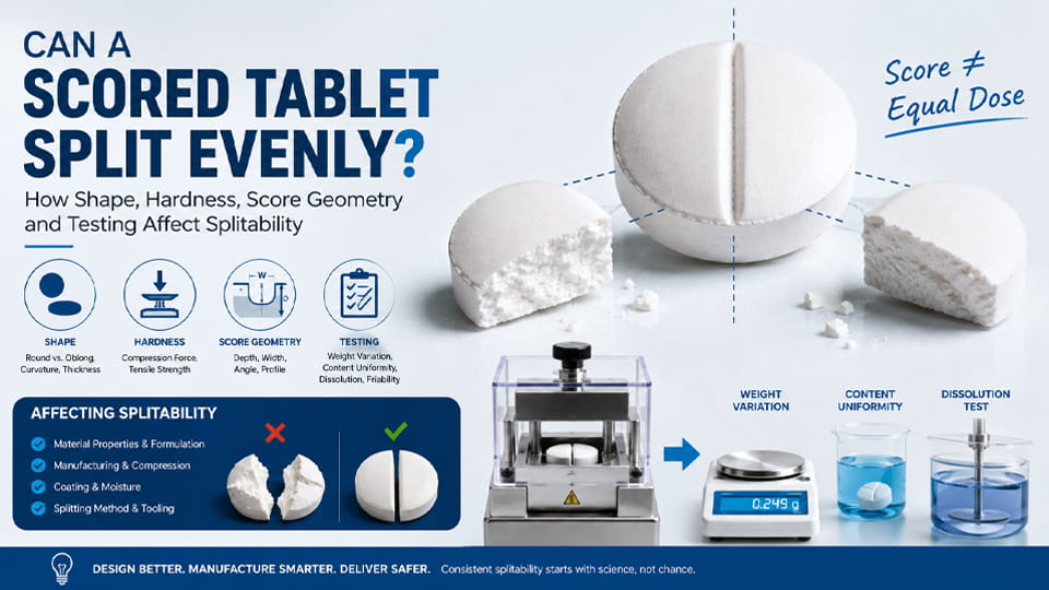 Scored tablet splitting showing tablet shape, dureté, and score geometry affecting splitability.