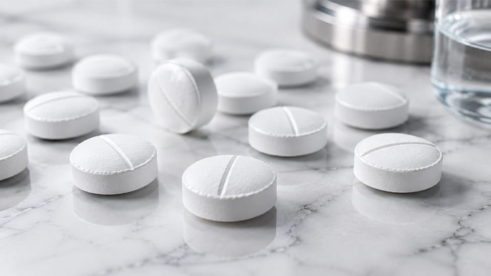 White scored tablets with break lines illustrating tablet splitting and splitability.