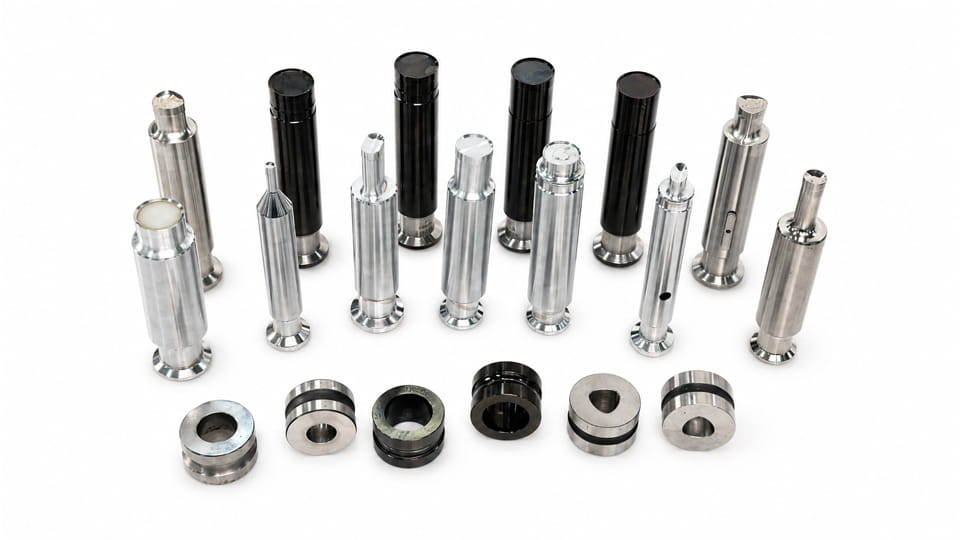 Tablet press tooling with precision punches and dies for pharmaceutical tablet manufacturing.