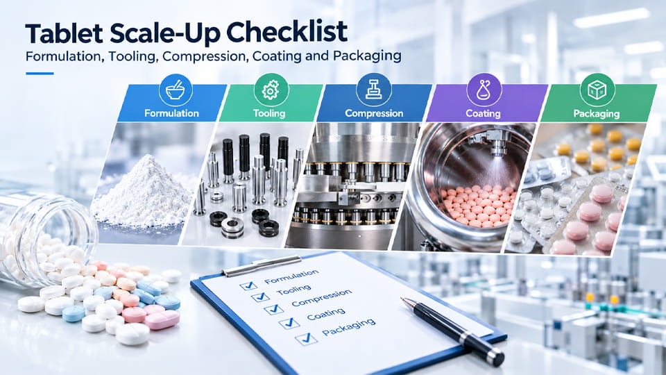 Tablet scale-up checklist covering formulation, tablet press tooling, compression, coating, and pharmaceutical packaging.